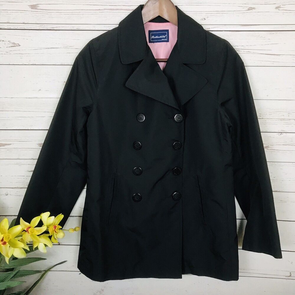 Rothschild Black Double Breasted Rain Trench Coat Girls Size Large Pink Lining